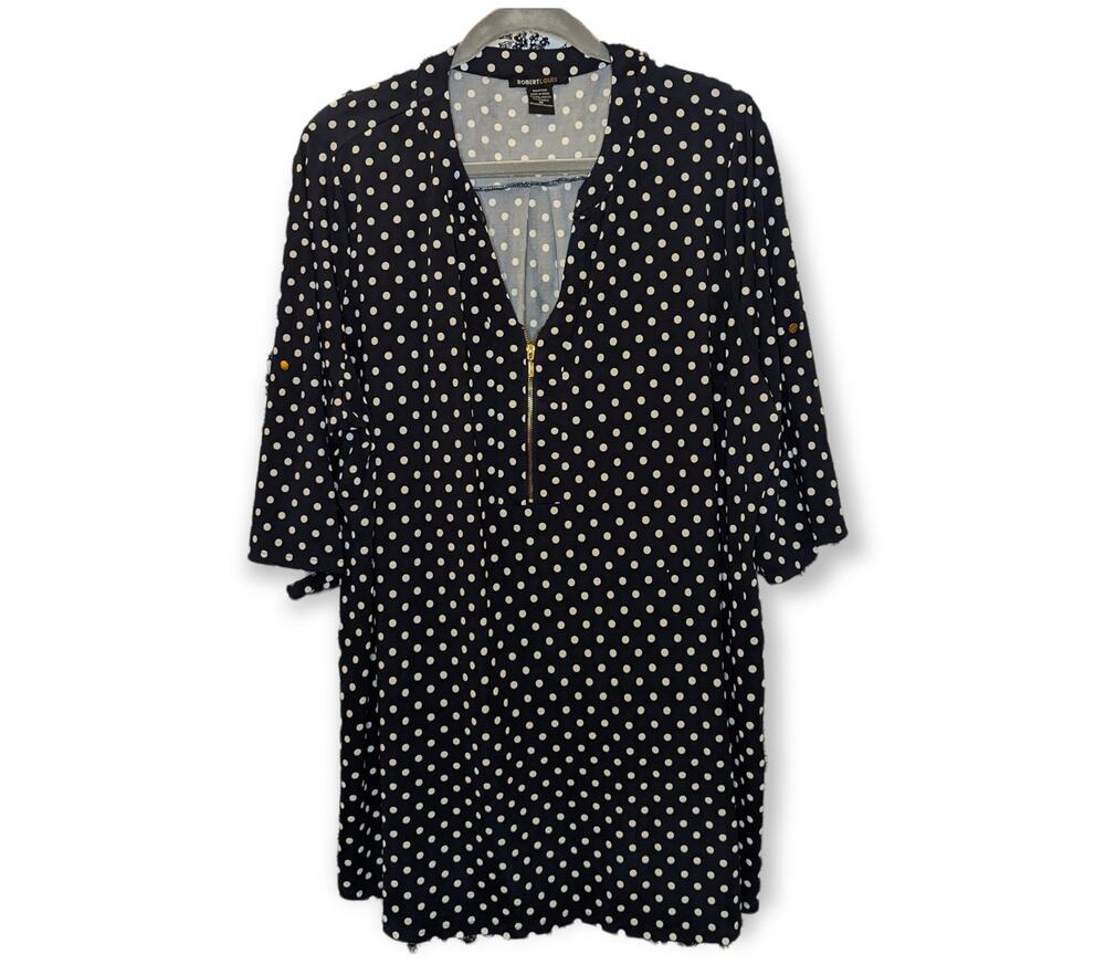 Robert Louis Plus Navy White Polka Dot Gold Zipper Accent Pull Over Blouse 3X